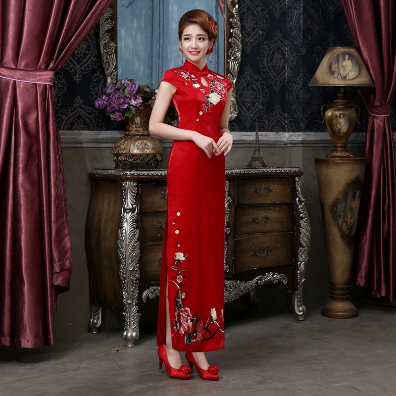 1 шт./партия,, Модное Длинное тонкое свадебное платье с разрезами по бокам и воротником-стойкой, платье с вышитыми цветами в китайском стиле, красное платье - Цвет: Красный