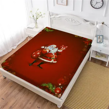 

Festival Gift Bed Sheet Merry Christmas Cartoon Fitted Sheet Red Santa Claus Print Bedclothes Deep Pocket Mattress Cover