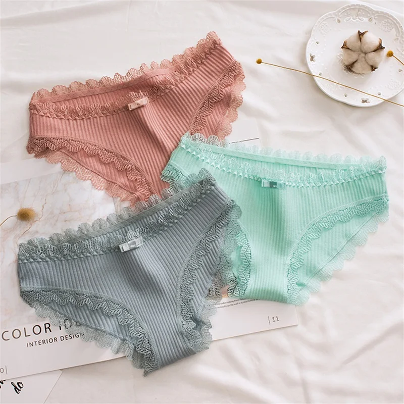 

Women's Cotton Panties Female Striped Breathable Briefs Sexy Lace Edge Underwear Women Cotton Crotch Lingerie Intimates Hollow