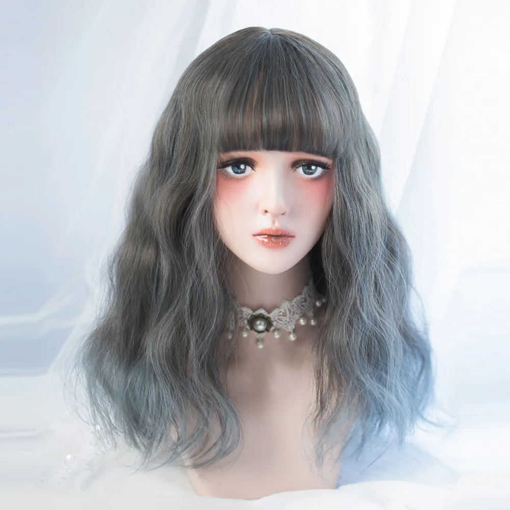 

Harajuku Lolita 45CM Bangs Medium Curly Mixed Color Ombre Daily Women Synthetic Hair Cosplay Wig + Cap H762340