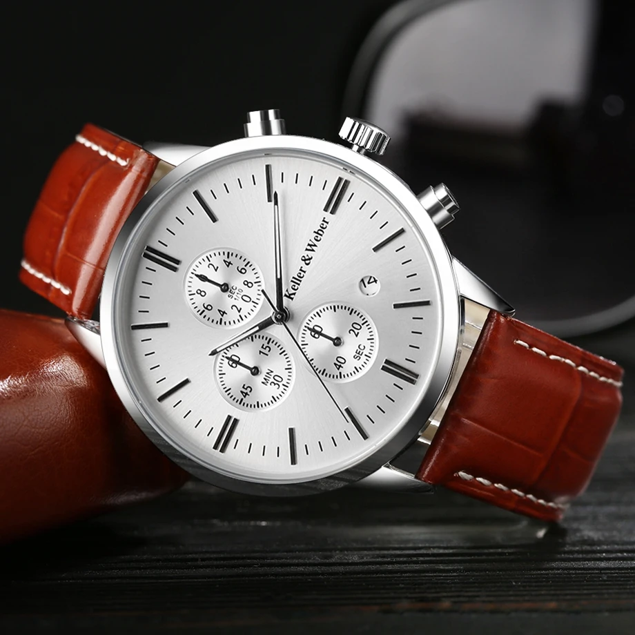 Keller & Weber Mens Watches 30m Waterproof Quartz Business Watches Date Display Genuine Leather Band Relogio Masculino Best Gift (21)