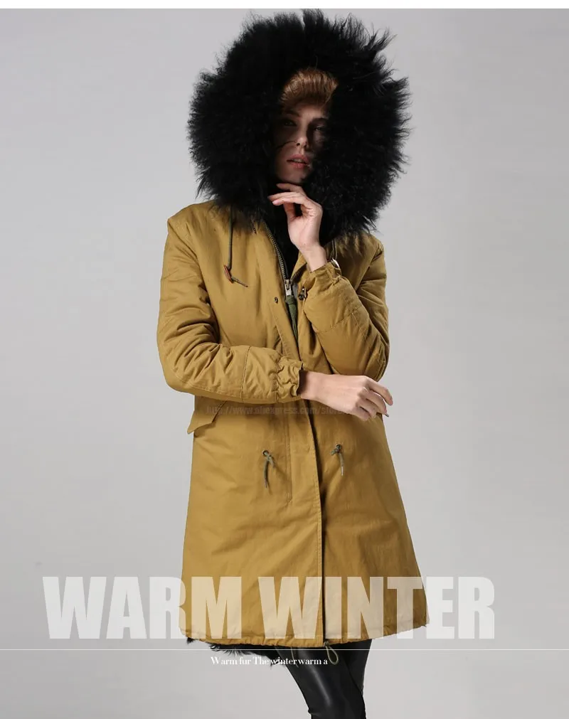 Теплое зимнее пальто Верхняя одежда с капюшоном Шерсть Меховая подкладка Куртки Мех животных Женская парка Mujer casaco