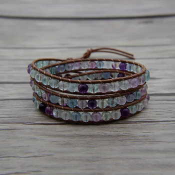 

Multi colors natural stone bracelet Fluorite beads bracelet leather wraps beaded bracelet yoga jewelry bohemian dropshipping