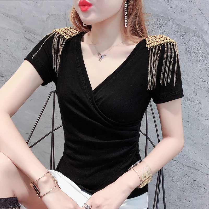 

Fashion Shoulder Board Pullover Tshirt 2019 Summer Women Short Sleeve Irregularity Slim Top Shirt Clothes Camiseta Mujer T96505