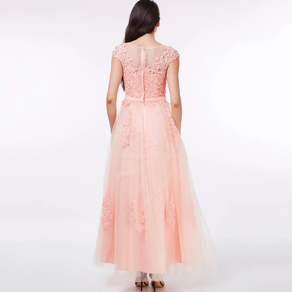 Dressv розовое длинное вечернее платье, недорогое вечернее платье трапециевидной формы с круглым вырезом и аппликацией для свадебной вечеринки, вечернее платье es