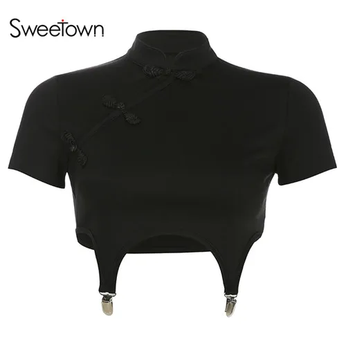 Черная однотонная винтажная женская футболка с коротким рукавом, лето, китайский стиль, чонсам, воротник с вырезами, тонкая сексуальная футболка - Цвет: black