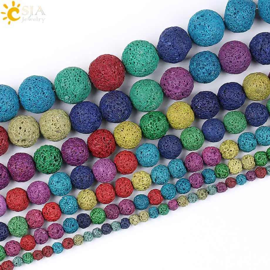 

CSJA Natural Round Lava Stone Beads Rainbow Volcanic Ball 4 6 8 10 12 14 16 mm Men Women Jewelry Bracelet Necklace Making E194