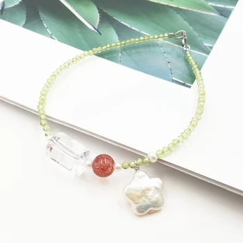 

Lii Ji Gemstone Shining Peridot,Transparent Crystal,Strawberry Quartz,Real Pearl 925 Sterling Silver 18K Gold Plated Bracelet