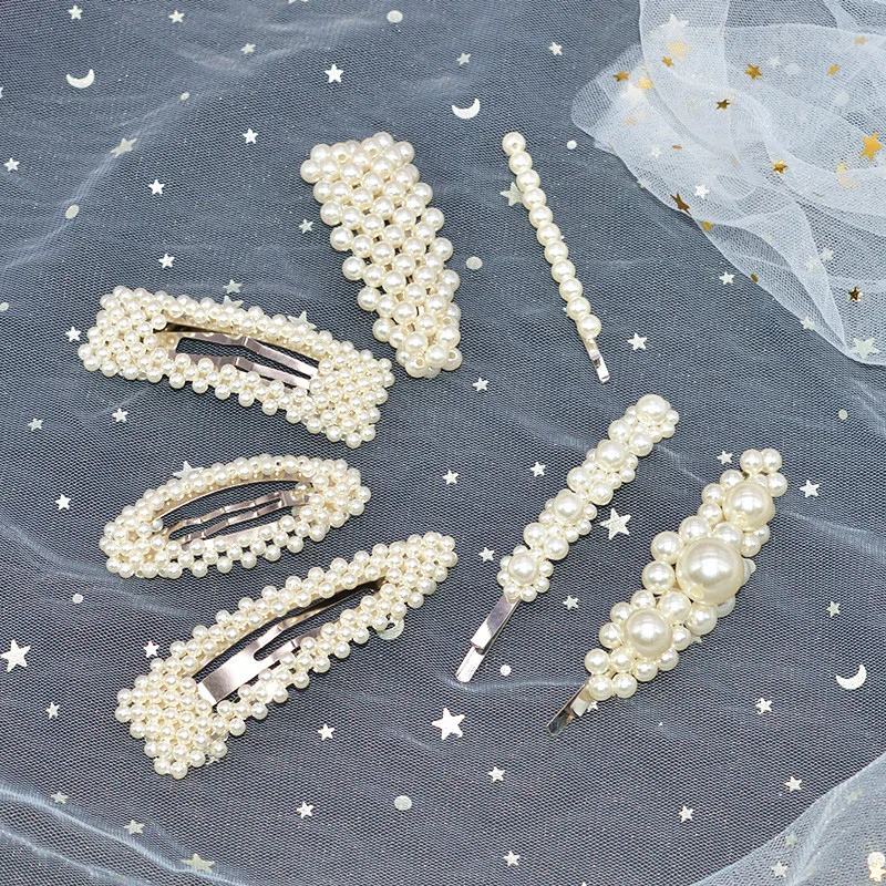 Free shippin 1Set Fashion Solid Pearl Hair Clip for Women Charm Hairpins Snap Barrettes Trendy Handmade Hair Styling Accessories