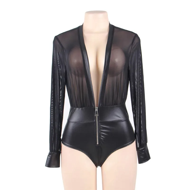

Sexy Fetish Lingerie Women Leather Stiching Teddy Black V-neck Zipper Long Sleeve Sheer Mesh Top Bodysuit