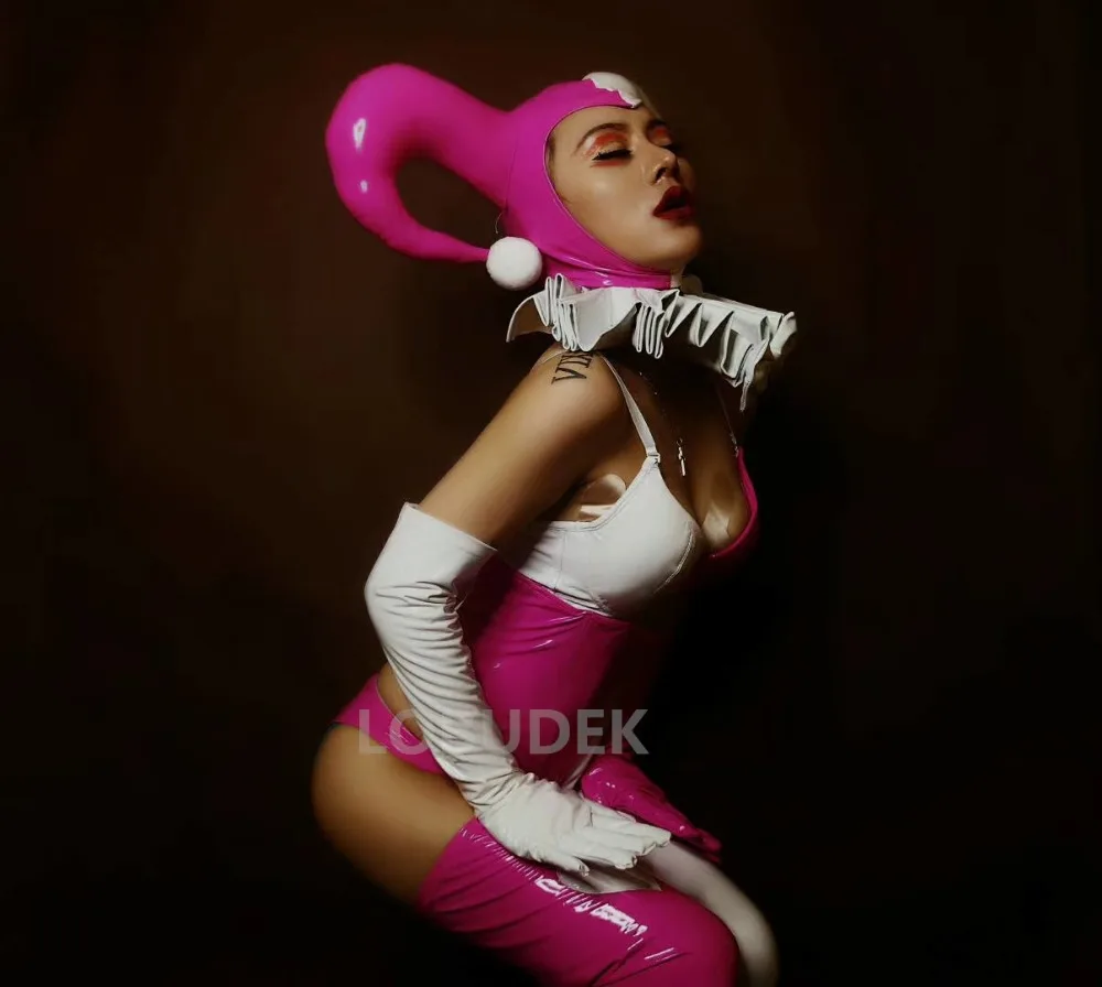 Из искусственной кожи Розовый Белый бикини набор головных уборов женский ночной клуб Костюмы подиум для моделей сценический костюм