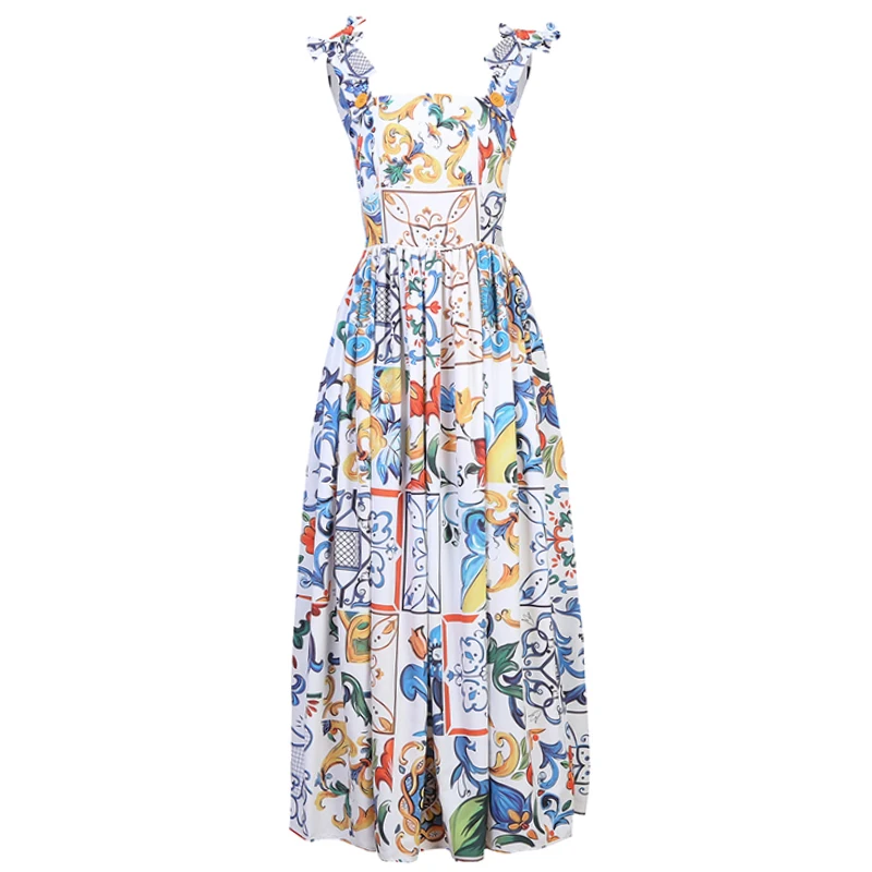 Модное подиумное летнее платье новое женское длинное платье с бантом на бретельках с открытой спиной голубое и белое фарфоровое платье с цветочным принтом