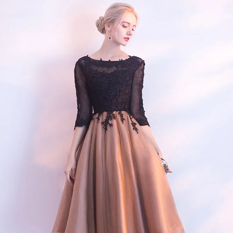 It's YiiYa Luxury Black And Yellow O-Neck Half Sleeve Backless Appliques Lace Up Cocktail Dresses Knee Length Formal Dress LX458