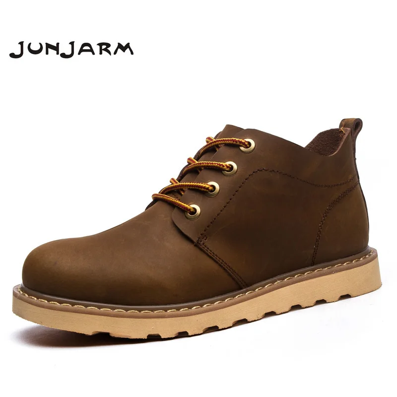 

JUNJARM Fashion Men Ankle Boots High Quality Split Leather Men Work Boots Lace Up Winter Rubber Boots For Men Shoes