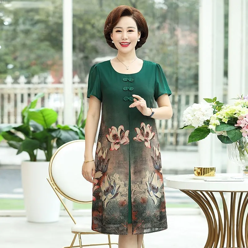 

Spring Summer New Middle Aged Women Elegant Printed Floral Dress Fashion Casual Lady O-neck Short Sleeve Party Dresses Female