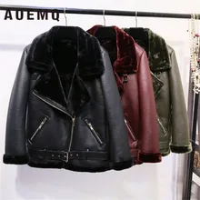 AOEMQ Ретро Новый нагрудные и бархат мягкий мех один пальто теплая Модная искусственная кожа ягненка волос мотоцикл Костюмы Курточка бомбер