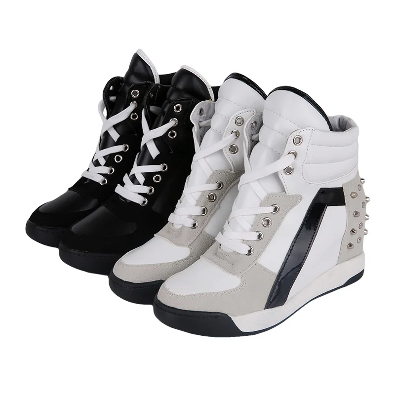 

Fashion Leisure Lace-Up Increased Internal Pumps for Women Round Toe High Spring Autumm Platform Shoes Rivet PU Zapatos Mujer