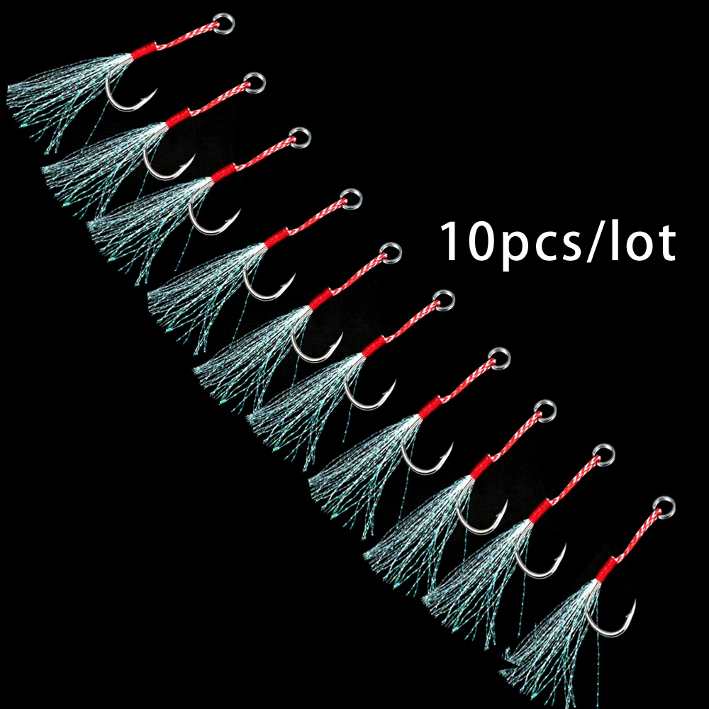 JACKFISH 10pcs/lot High Carbon Steel Fishing Hooks with Line feather roped Fishhook Barbed Hooks Fishing Tackle 20KG/44Ib