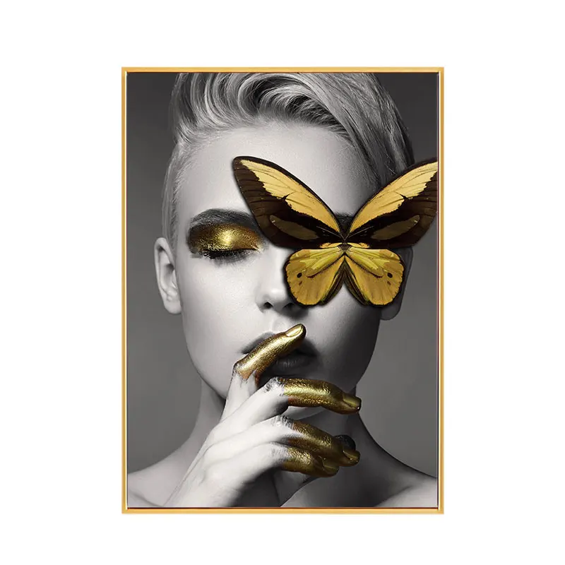 Golden Antlers Woman Model Abstract Canvas Painting Posters Fashion Sexy Beauty Art Print Poster Wall Picture for Home Unframed