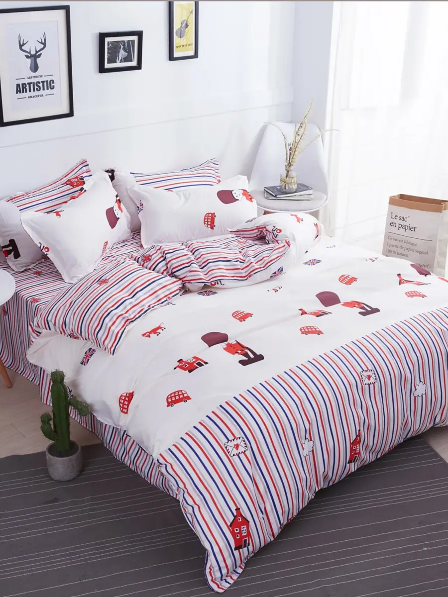 

3/4Pcs Bed Sheet Set Cartoon Stripe Pattern Comfy Soft Bedding Set