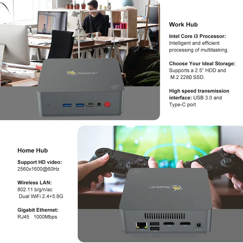Beelink U55 Mini PC Windows Intel Core 10 I3-5005U Intel HD Graphics 5500 8 GB 256GB SSD Mini computadora 2,4G + 5,8G WiFi BT4.0 PC