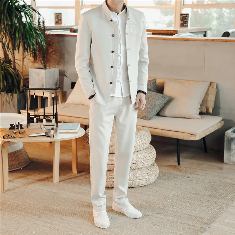 

LOLDEAL Spring Chinese Style Suit Men's Suit Spring Solid Color Casual Stand Collar Tunic Suit