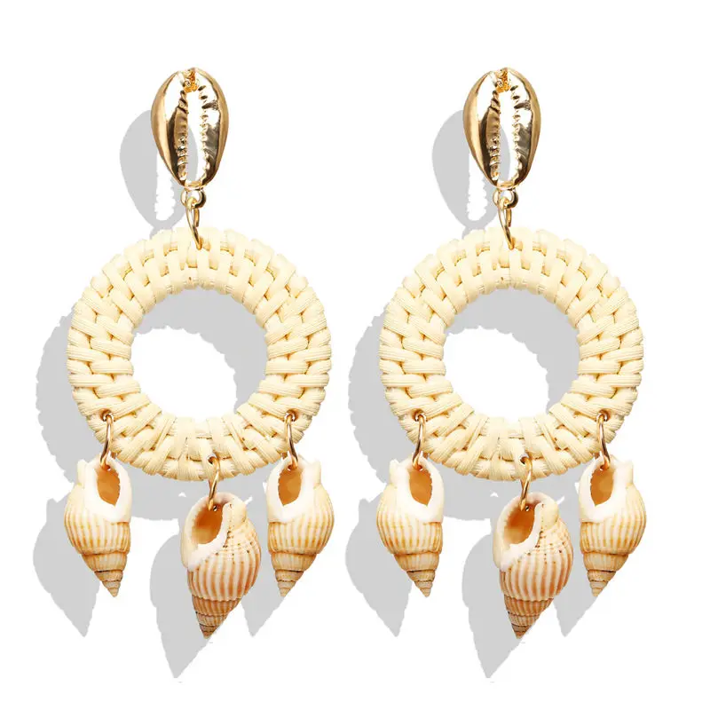 

Bohemian Sea Shell Rattan Drop Earrings For Women Round Geometric Dangle Dangle Earrings Conch Shell Beach Jewelry Gift