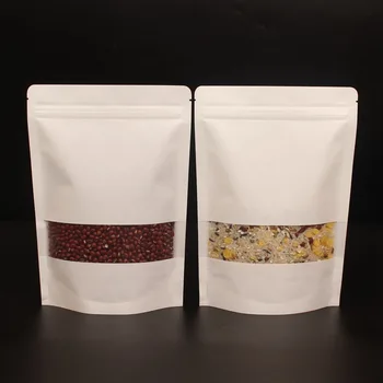 

50pcs White kraft paper ziplock bag food coffee packing seal sealing stand up bags with plastic transparent window