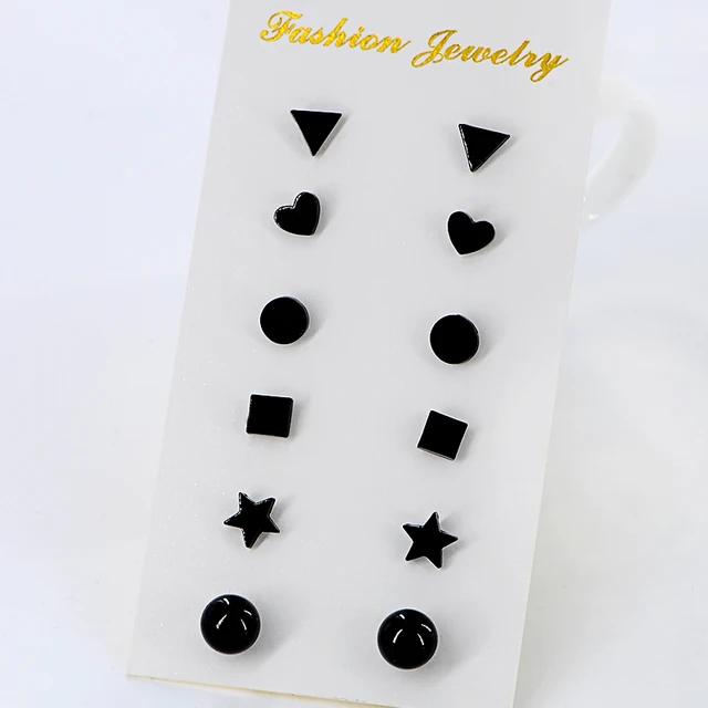 6 Pairs Set New Cute Tiny Black Triangle Heart Earrings For Women 6 Pairs Set New Cute Tiny Black Triangle Heart Earrings For Women Mix Shape Little
