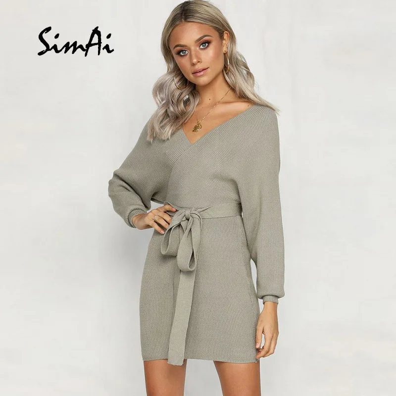 

SimAi 2018 Elegant ladies Autumn dress Fashion Women Long Sleeve V-Neck Solid Knit Dress Sweater party Dress