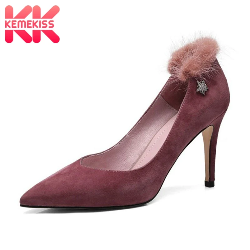 

KemeKiss New Women Spring Real Leather Pumps Thin High Heels Pompon Party Shoes Women Sexy Club Point Toe Pumps Size 34-39