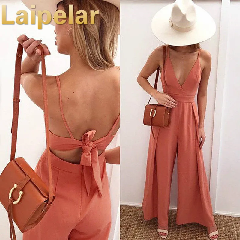 

Laipelar Trendy Women Ladies Jumpsuits Formal Party sleeveless bodysuit V-neck Bow cotton casual Rompers one pieces clothes