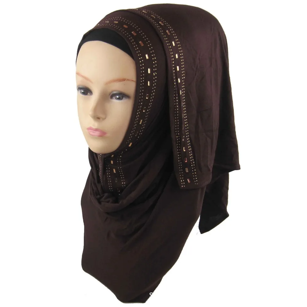 H1260 Soft modal elastic jersey long scarf with gold rhinestones,head scarf wrap,fast delivery