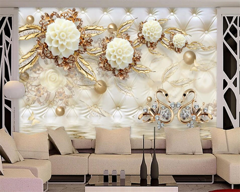 Beibehang  Custom wallpaper 3d luxury gold white flowers soft bag ball jewelry murals living  TV background 3d photo wallpaper