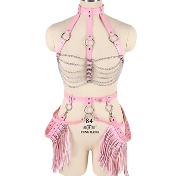 

Hraness Bra Leather Set Pink Women Body Cage Top Chain Rivet Punk Boho Tassle Waist Garter Belt Lingerie Adjust Dance Festival