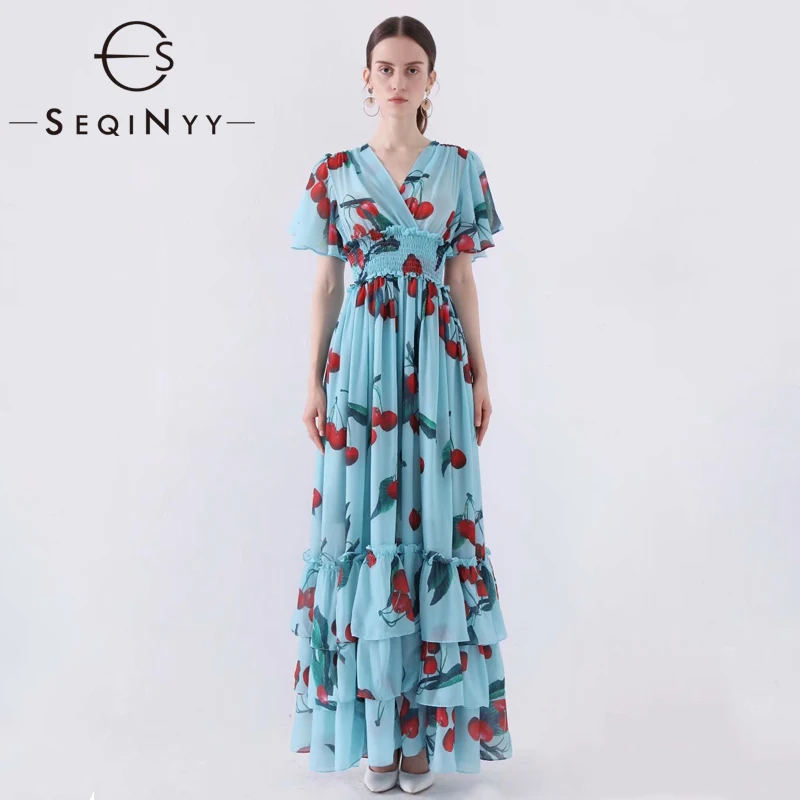 SEQINYY шифоновое платье летнее Новое модное дизайнерское короткий рукав-клеш с эластичной талией с фруктовым принтом синее длинное женское платье