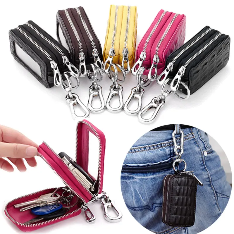 

Hot Carkey Double Zippers Women Men's Multi-functionl Genuine Leather Bag Key Holder Keyrings Change Coin Purse Wallet B