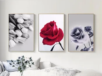 

Nordic simple black and white rose triple decorative paintings unframed