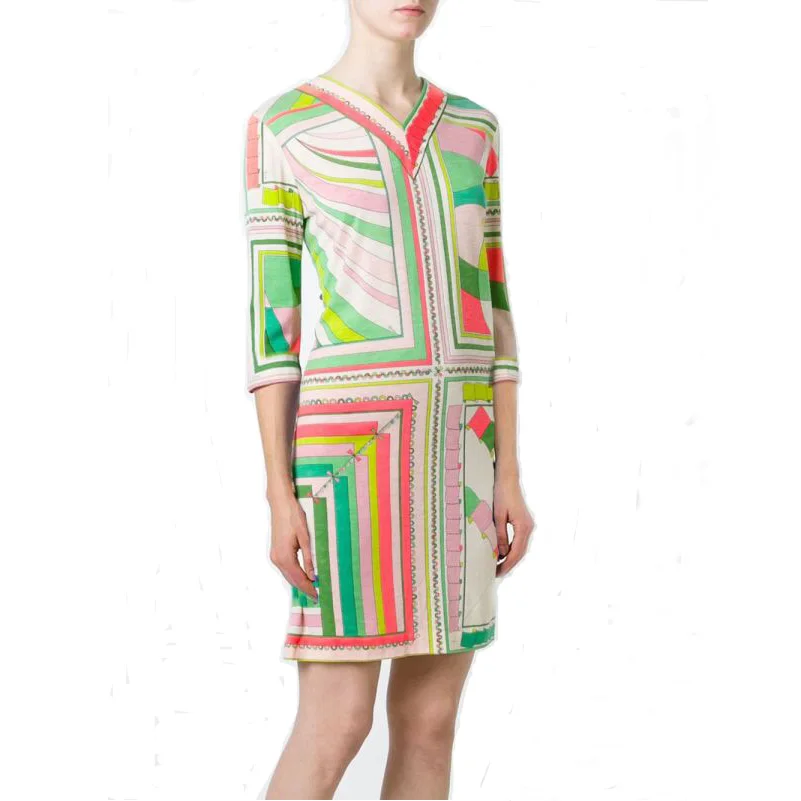 Women s new v neck printed color matching half sleeve slim Knitted elastic dress plus size