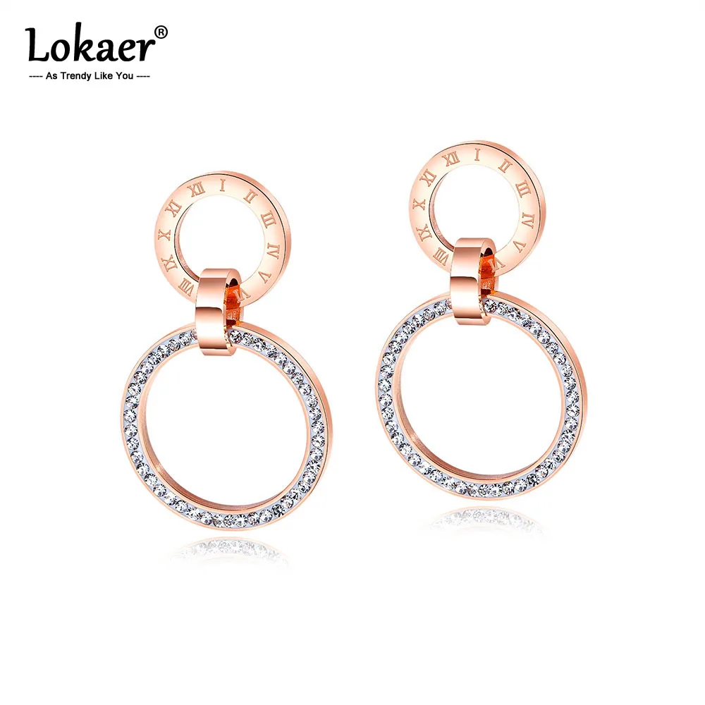 Lokaer, серьги-гвоздики из розового золота с двойным круглым CZ кристаллом для женщин, римская цифра, ювелирные изделия из нержавеющей стали, серьги OGE502