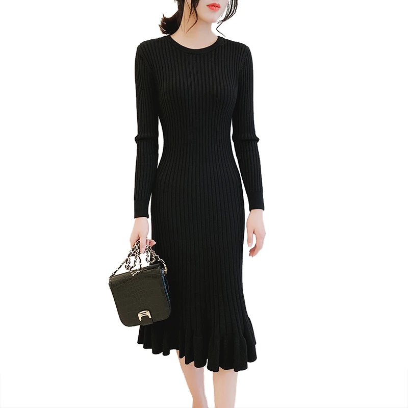 

Autumn Winter Sweater Knitted Dresses Women Thick Long Sleeve Ruffles Sweater Bodycon Dress Elegant High Waist Long Dress Q1733