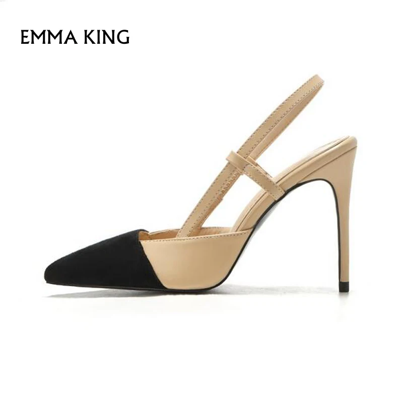 

Spring Suede Pointed Toe Pumps Black/Beige Wedding Dress Shoes Cap Toe Cut-outs Slingback Stilettos Party Shoes Woman Large Size