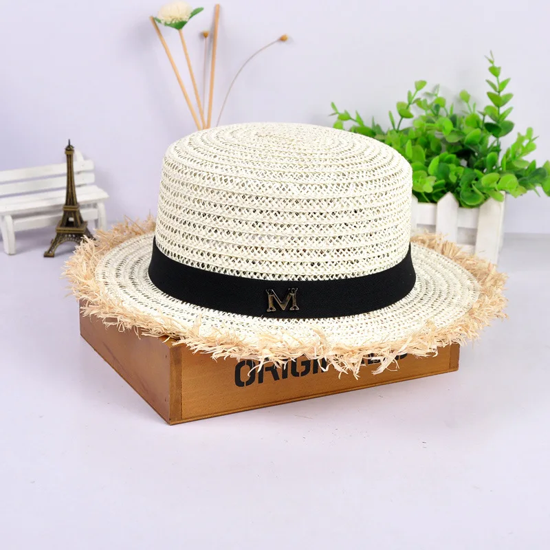 HSS Лидер продаж+ соломенная шляпа с плоским верхом на лето и весну, женские кепки для путешествий, пляжные шляпы от солнца с жемчугом для отдыха с буквой M, дышащие модные цветочные шляпы - Цвет: MilkWhite002