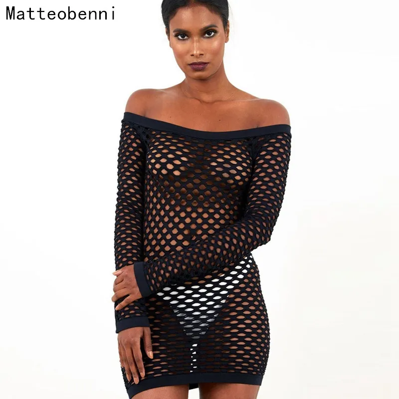 

Sexy Slash Neck Fishnet Dress Women Black Clubwear Bodycon Mesh Hollow Out Party Dresses Autumn Long Sleeve 2018 Beach Cover-ups