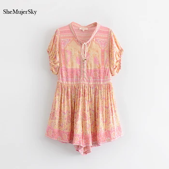 

SheMujerSky Pink Romper Women Loose Floral Print Short Jumpsuits Bell Bandage V-neck Playsuits 2019 Overalls