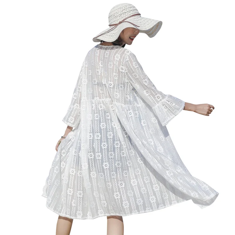 

Sexy Hollow Out Vacation Beach Lace Cardigans Blouse Tops Women Summer Sunscreen Shirt Boho White Lace Kimono Loose Beachwear