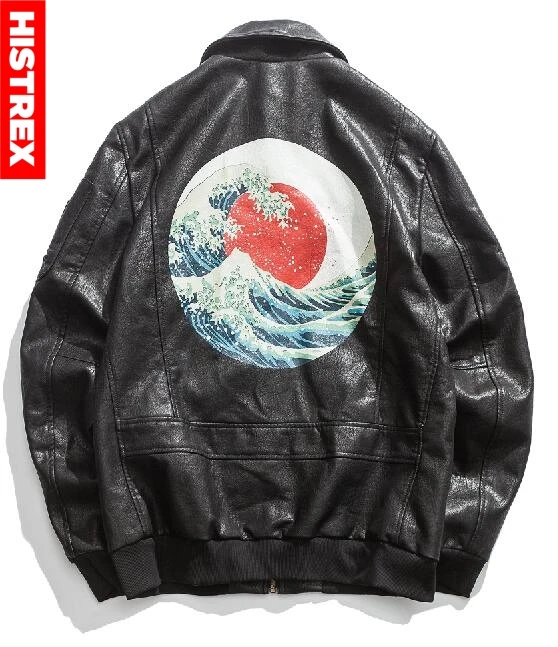 HISTREX вышивка японский кран мотоциклетная кожаная куртка для мужчин китайский кандзи стиль добра куртки черный коричневый пальто HT09AX1 - Цвет: Черный