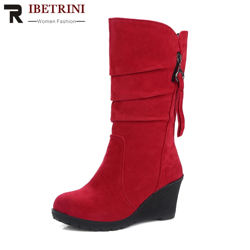 

RIBETRINI Big Size 34-43 Women Pleated Half-knee High Boots High Heel Wedge Platform Shoes Woman Slip On Motorcycle Boots