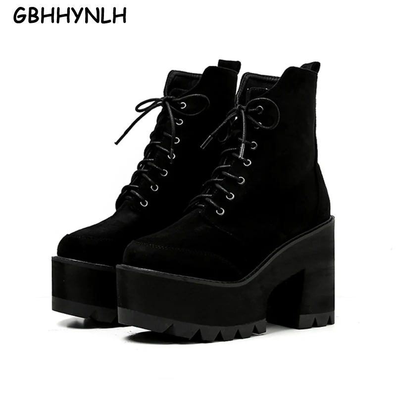 

GBHHYNLH 2019 New Autumn Woman Ankle Boots High Heels Platform Boots Lacing Suede Black Ladies Short Booties winter Shoes LJA495