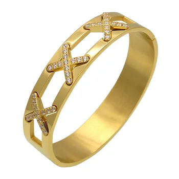 

2019 Fashion bracelet stainless steel jewelry three X inlaid crystal hollow bangle bracelet for women men gift of love J9
